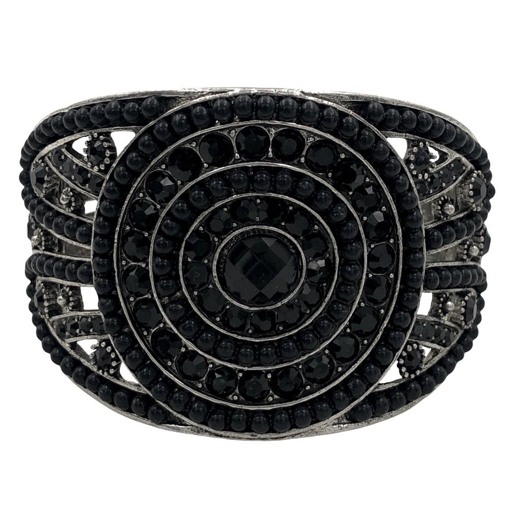 Chunky Black Dot Circle Silver Hinged Bangle Bracelet